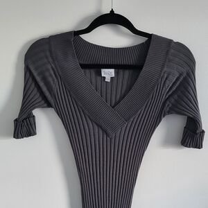 Suzy Shier Ribbed V-Neck Knit Top - Charcoal